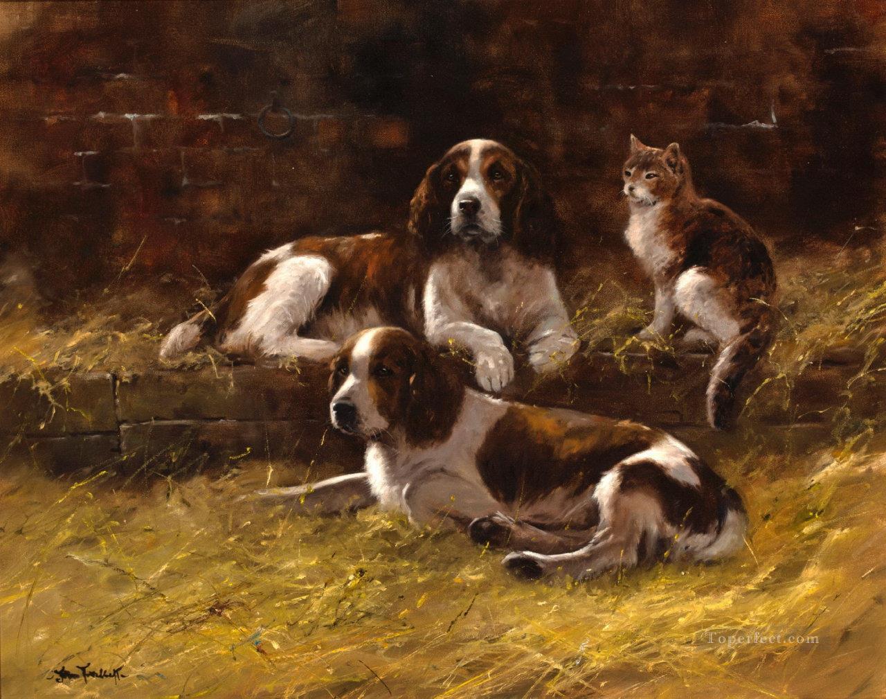 Springer Spaniels et un chat Peintures à l'huile